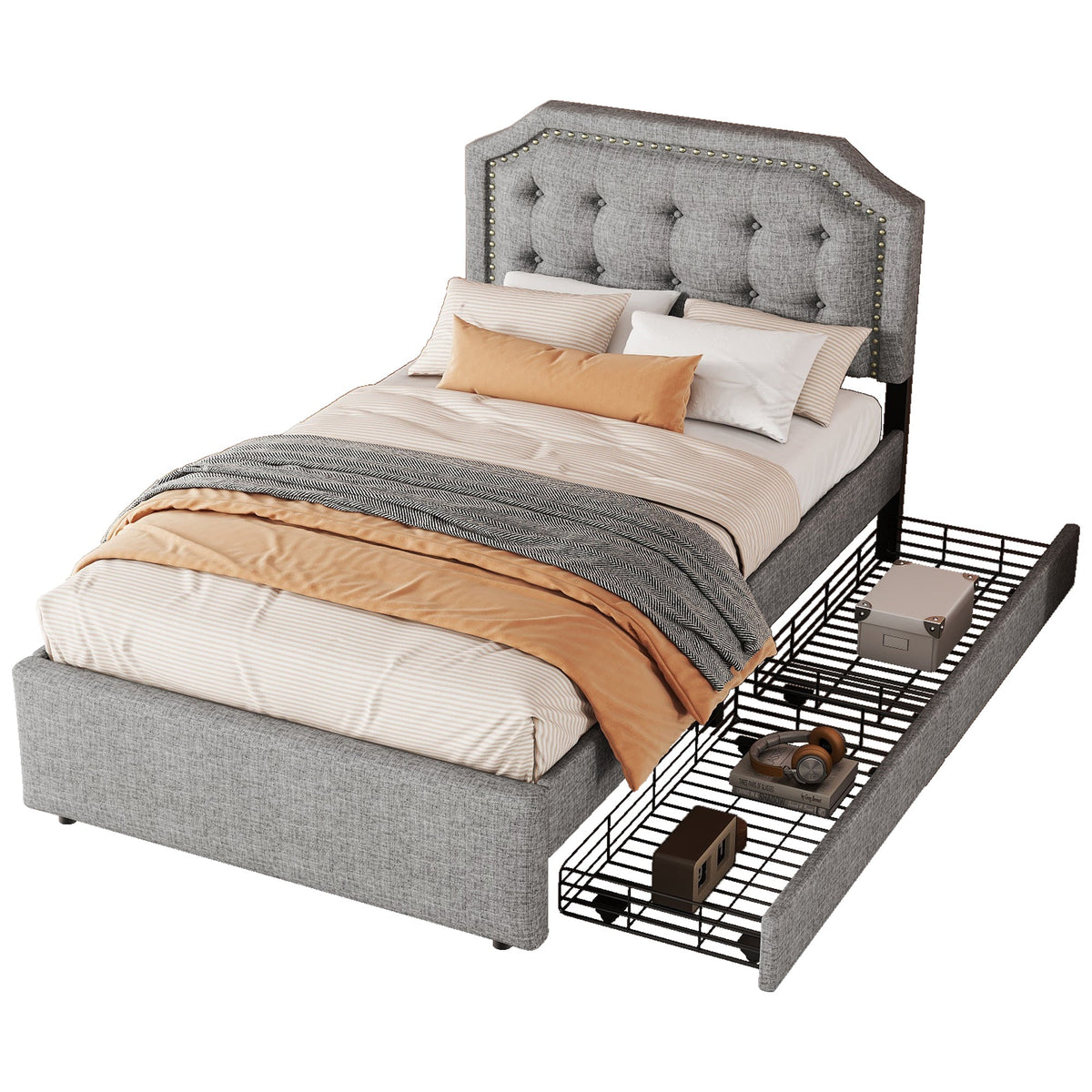 Flat Bed 90x200cm, Upholstered with Decorative Studs, Double Drawers, Grey