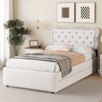 Upholstered Bed 90x200cm Decorative Studs Double Drawers - Light Beige