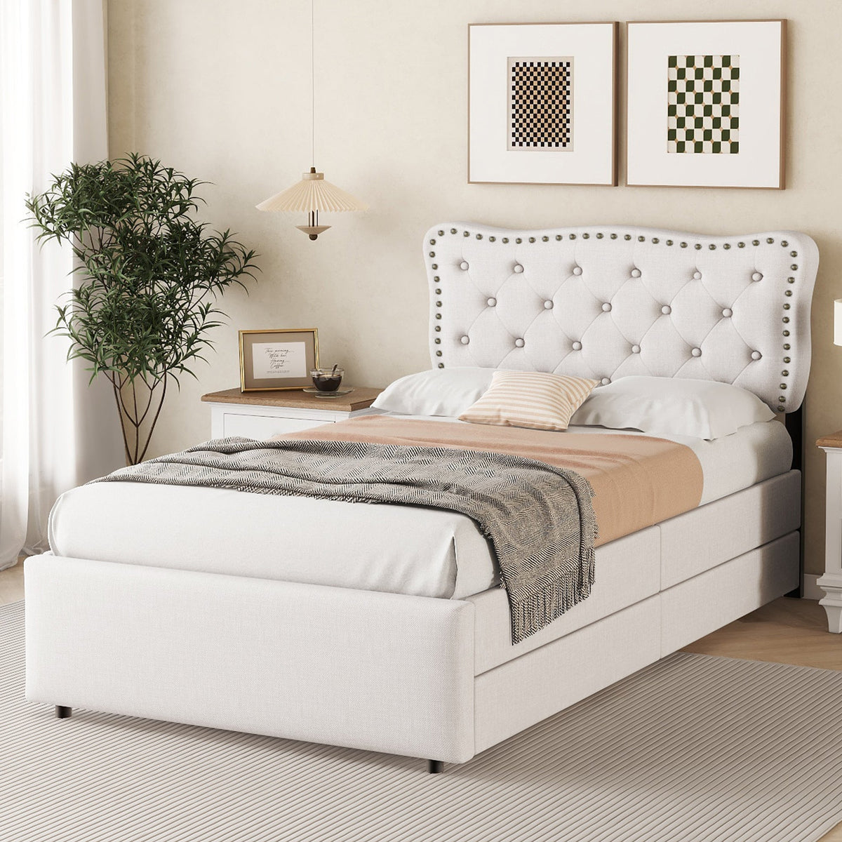 Upholstered Bed 90x200cm Decorative Studs Double Drawers - Light Beige