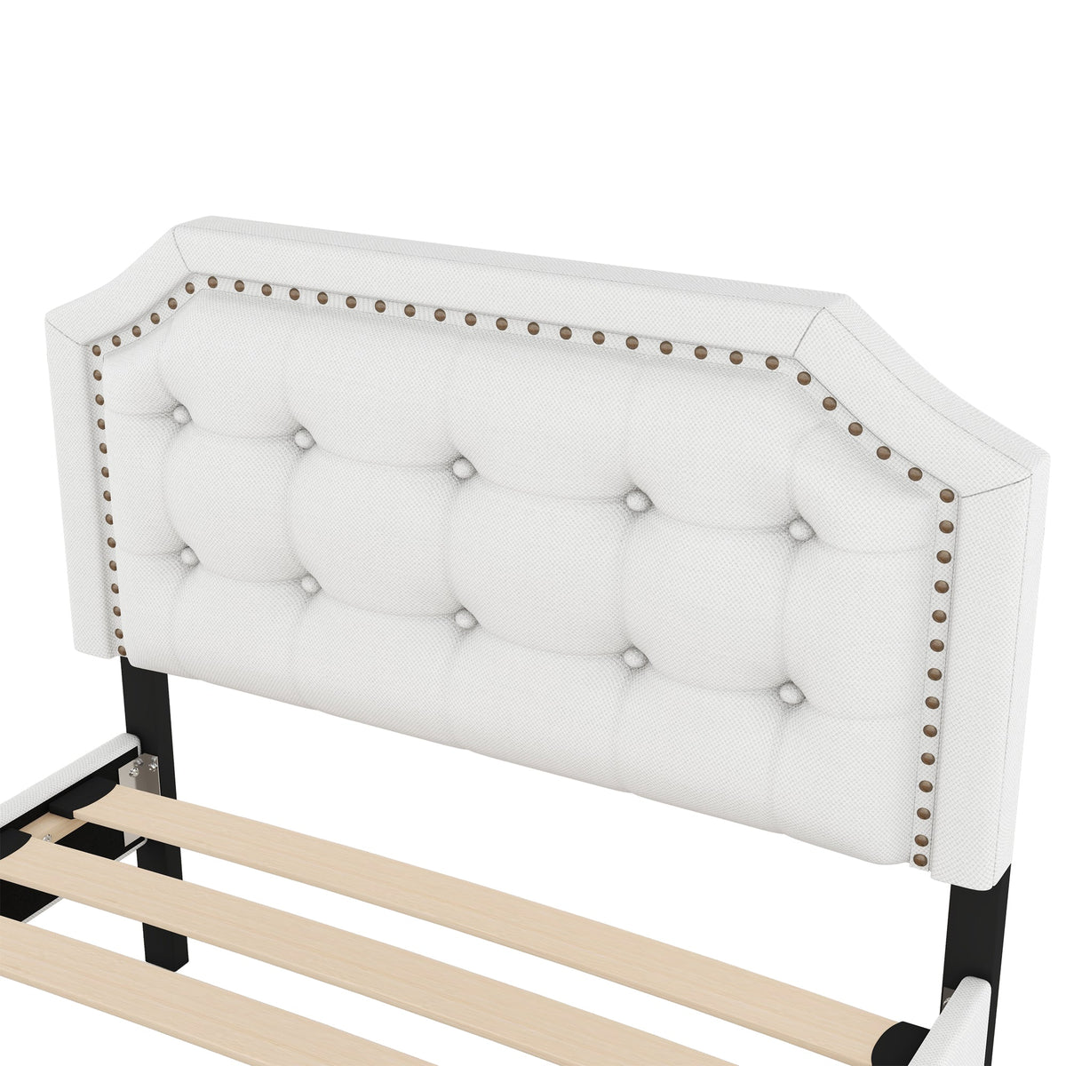 Upholstered Flat Bed 90x200cm Decorative Studs Double Drawers Light Beige