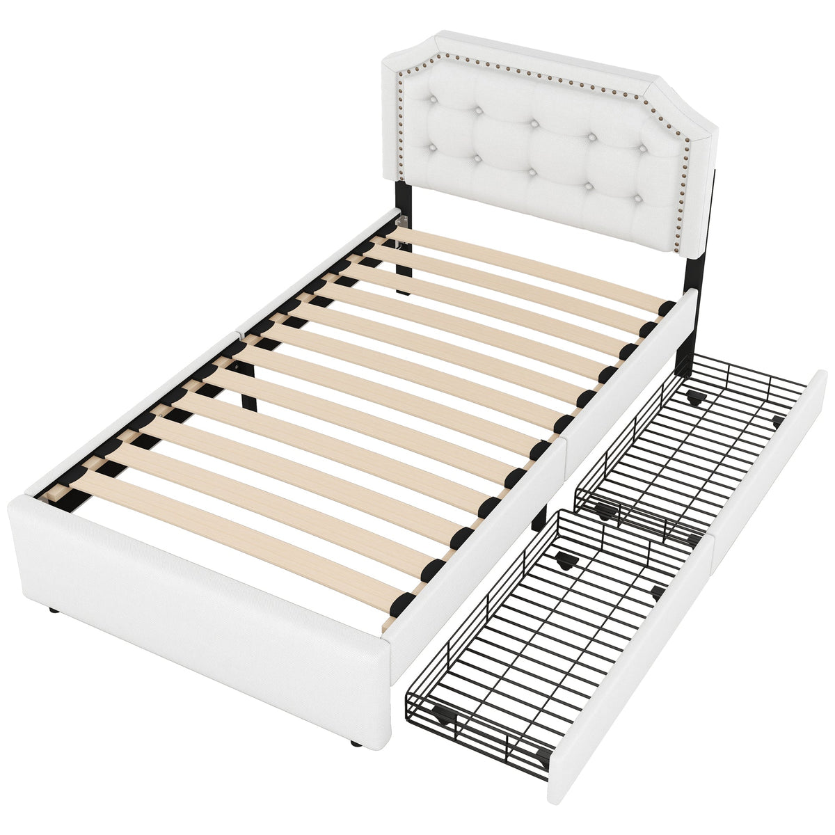 Upholstered Flat Bed 90x200cm Decorative Studs Double Drawers Light Beige