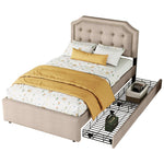 Upholstered Bed 90x200cm Flat Double Drawers Decorative Studs Dark Beige