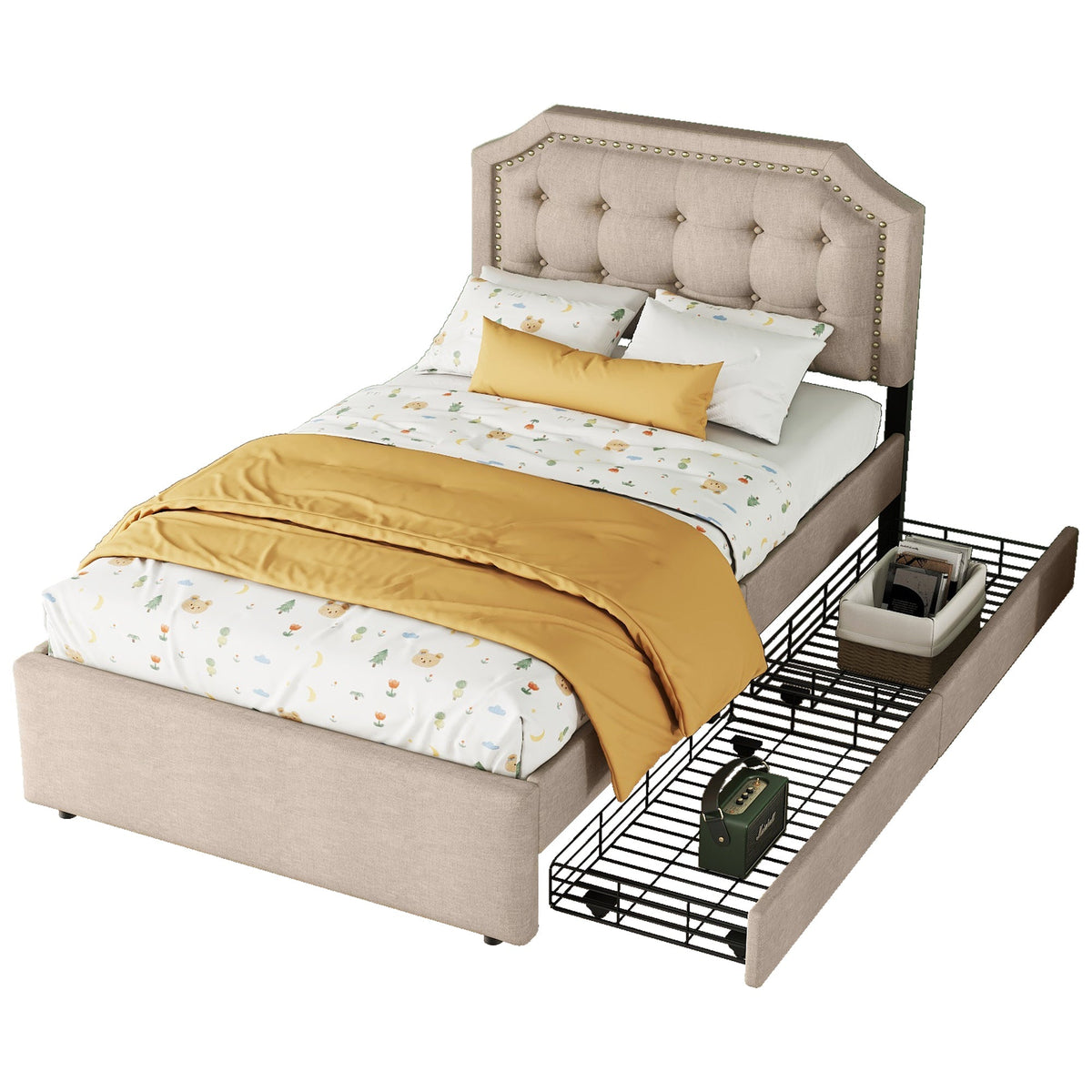 Upholstered Bed 90x200cm Flat Double Drawers Decorative Studs Dark Beige