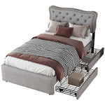 Upholstered Flat Bed 90x200cm Decorative Studs Double Drawers - Grey