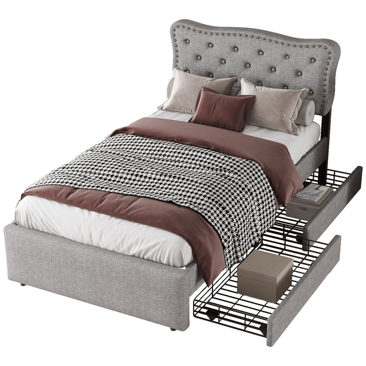 Upholstered Flat Bed 90x200cm Decorative Studs Double Drawers - Grey