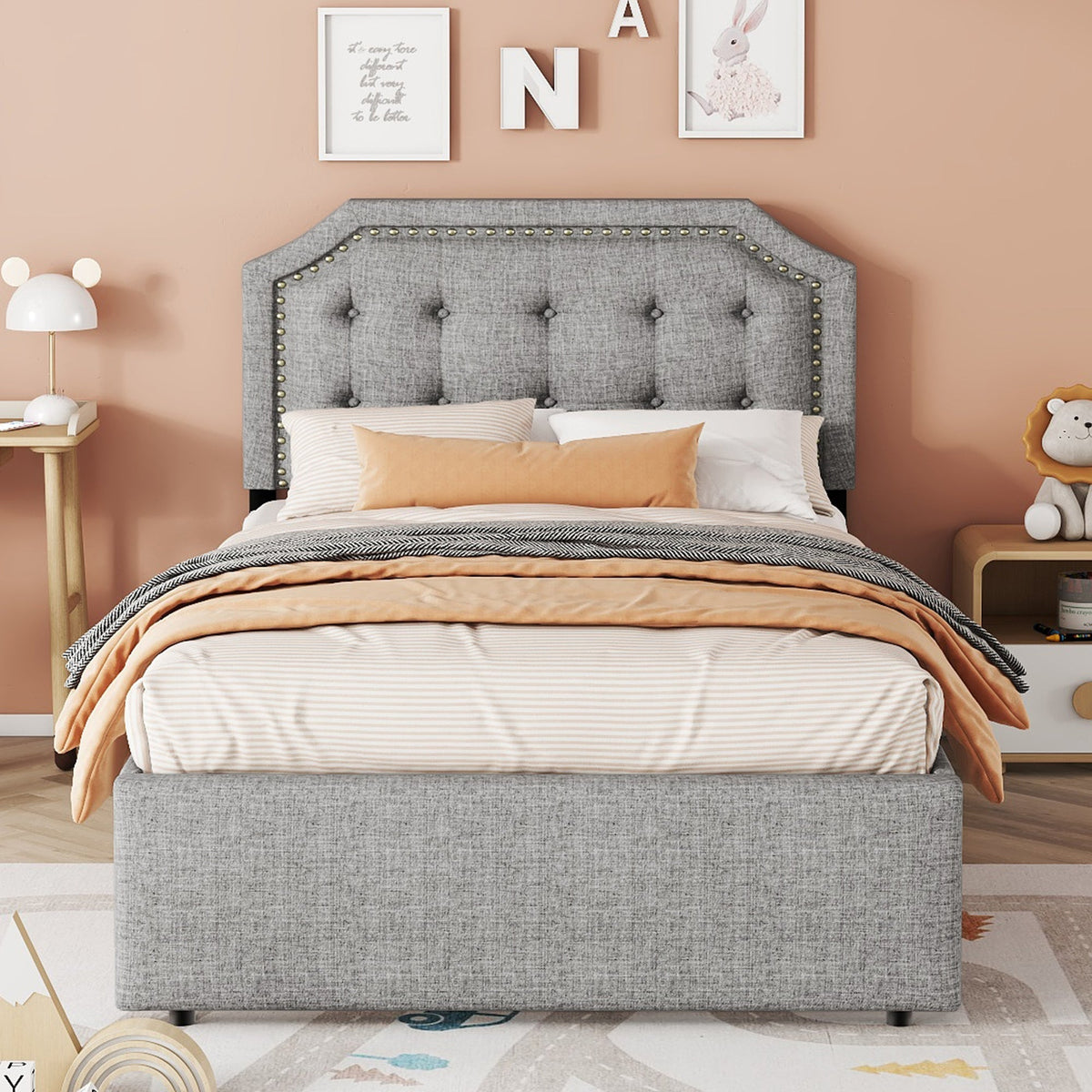 Upholstered Flat Bed 90x200cm Decorative Studs Double Drawers - Grey