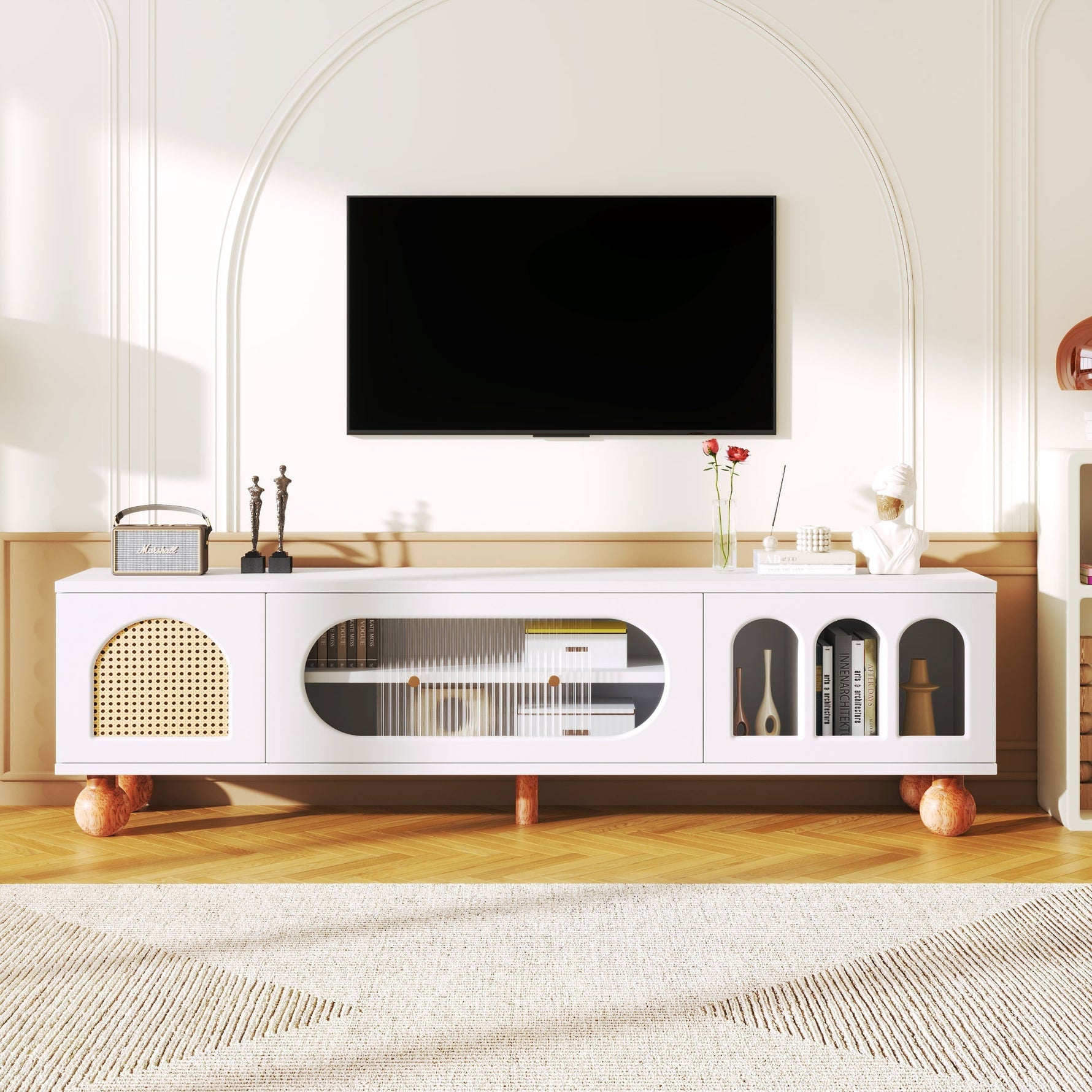 TV Cabinet, Rattan-like Sliding Glass Door, Gold Handles, Wood