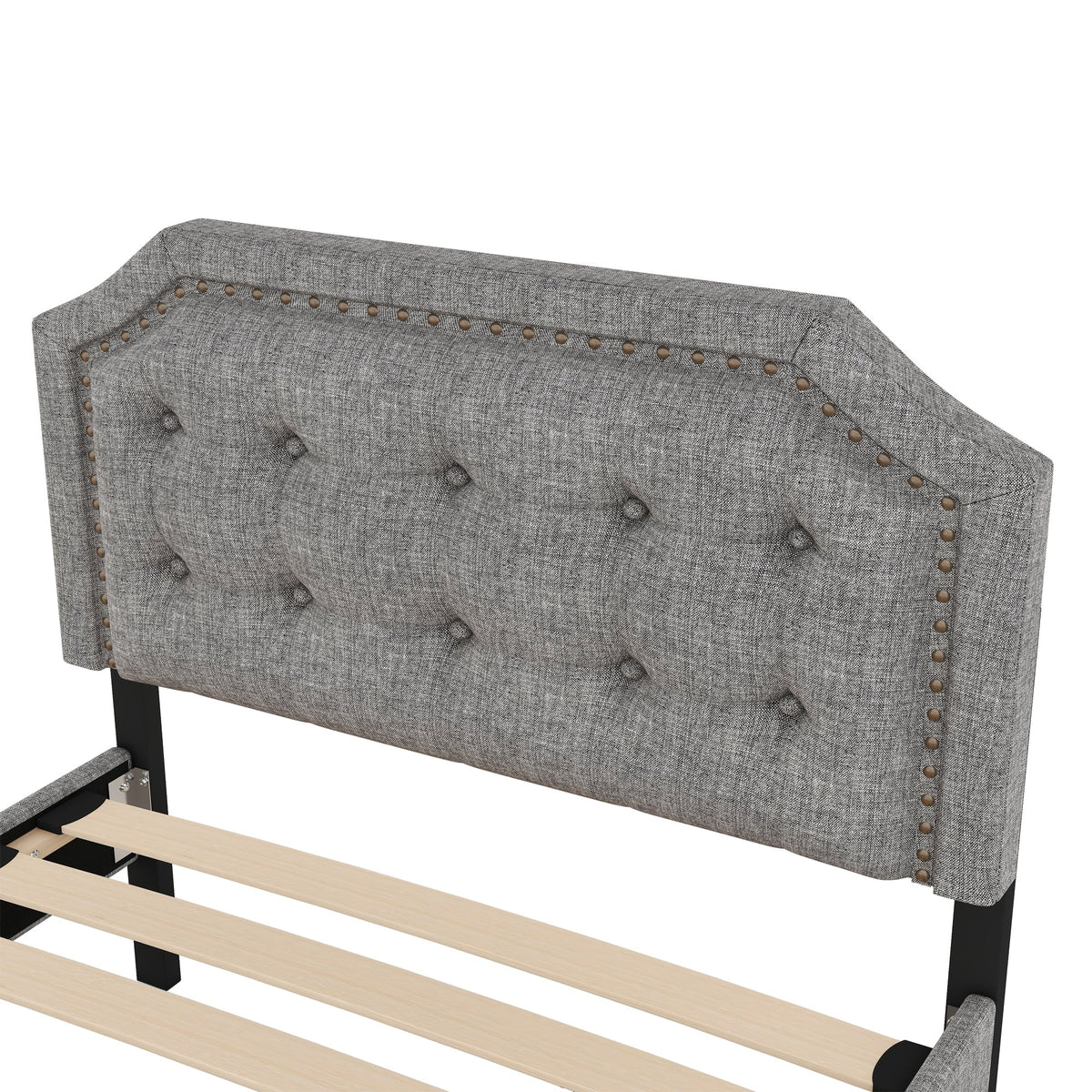 Upholstered Flat Bed 90x200cm Decorative Studs Double Drawers - Grey