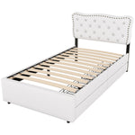 Upholstered Bed 90x200cm Decorative Studs Double Drawers - Light Beige