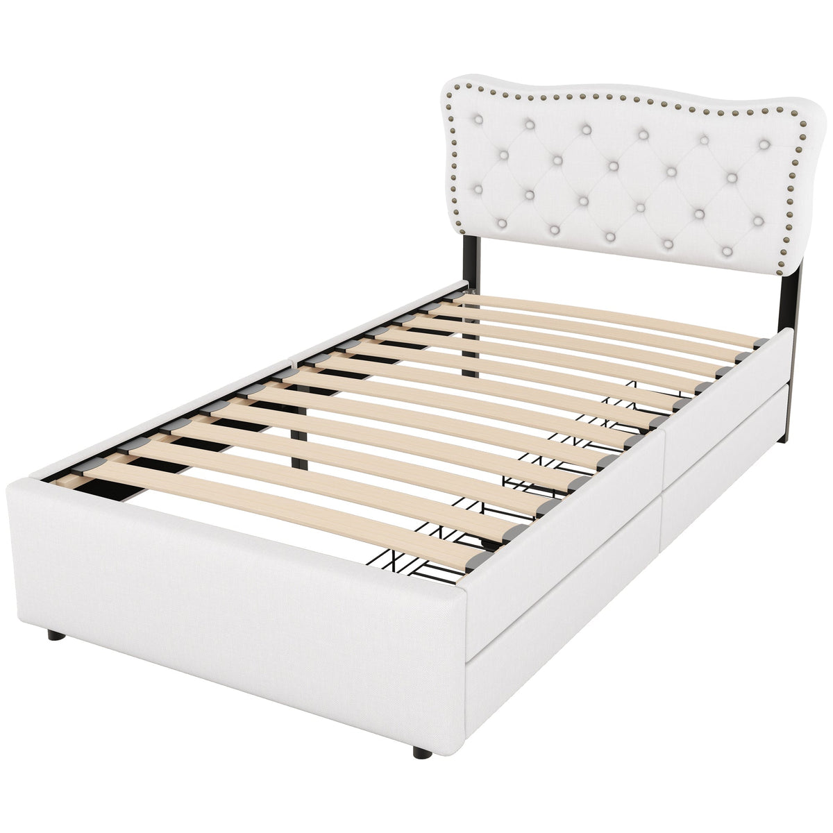 Upholstered Bed 90x200cm Decorative Studs Double Drawers - Light Beige