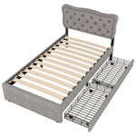 Upholstered Flat Bed 90x200cm Decorative Studs Double Drawers - Grey