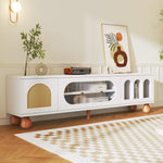 TV Cabinet, Rattan-like Sliding Glass Door, Gold Handles, Wood