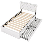 Upholstered Bed 90x200cm Decorative Studs Double Drawers - Light Beige