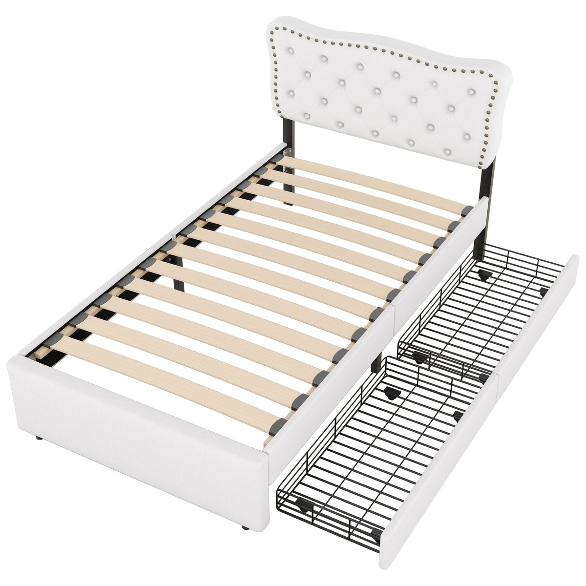 Upholstered Bed 90x200cm Decorative Studs Double Drawers - Light Beige