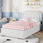 Upholstered Flat Bed 90x200cm Decorative Studs Double Drawers Light Beige