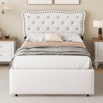 Upholstered Bed 90x200cm Decorative Studs Double Drawers - Light Beige