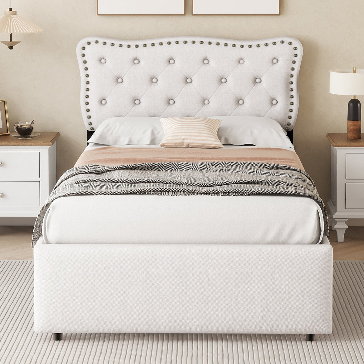 Upholstered Bed 90x200cm Decorative Studs Double Drawers - Light Beige