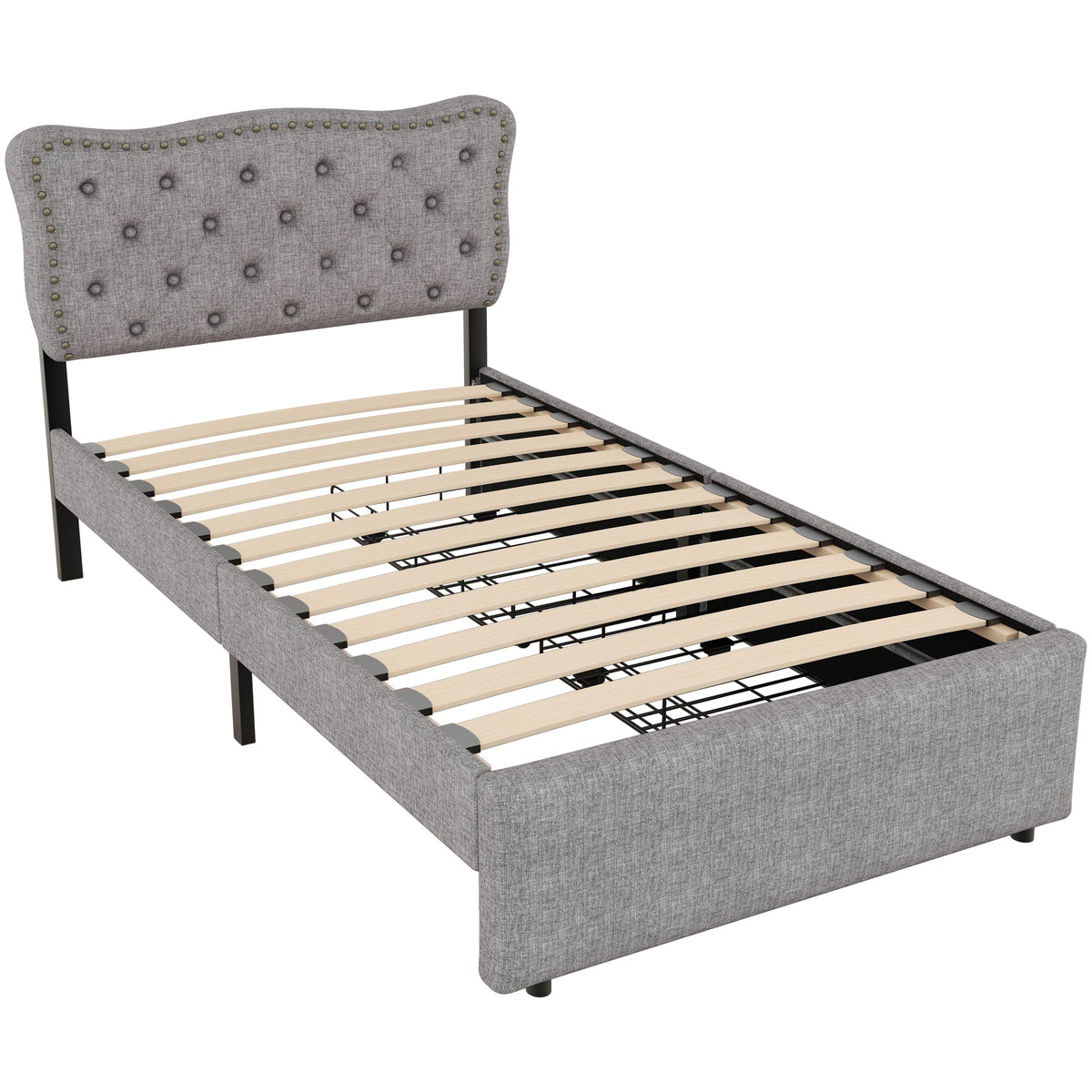 Upholstered Flat Bed 90x200cm Decorative Studs Double Drawers - Grey
