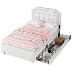 Upholstered Flat Bed 90x200cm Decorative Studs Double Drawers Light Beige