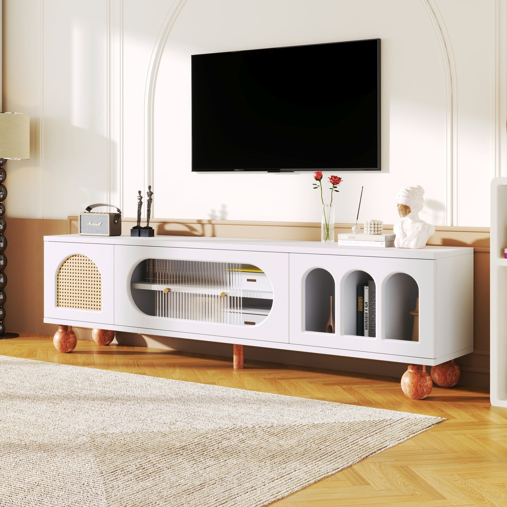 TV Cabinet, Rattan-like Sliding Glass Door, Gold Handles, Wood