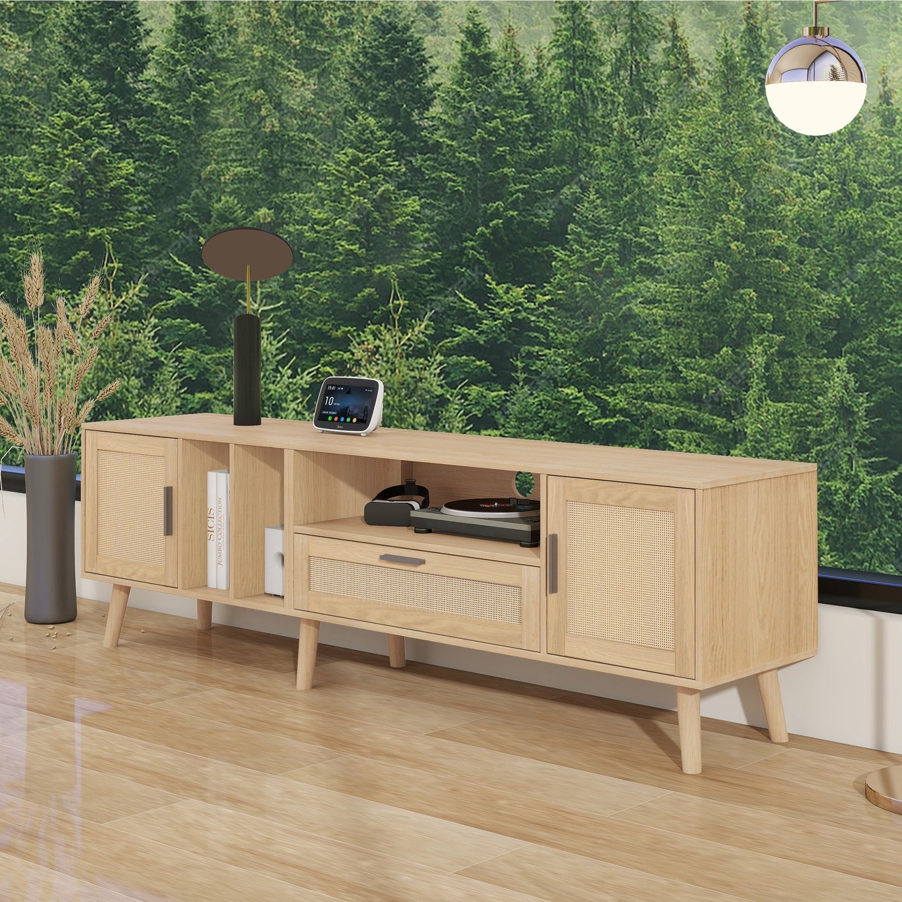 TV Cabinet, 180cm Rattan with 2 Doors & 1 Drawer, Solid Wood