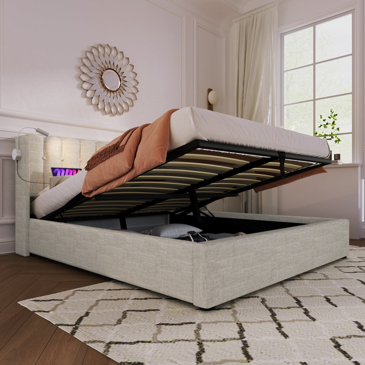 Upholstered Bed Double Bed with Reading Light, Charging, Storage, 140x200, Linen Material, Natural