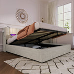 Upholstered Bed Double, Reading Light Storage Headboard, Linen Natural