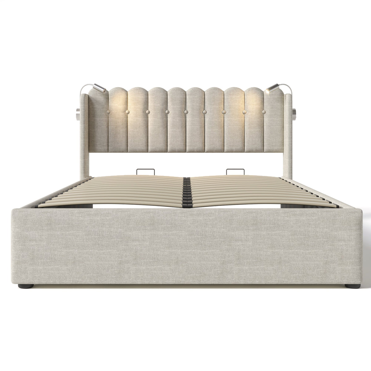 Upholstered Bed Double, Reading Light Storage Headboard, Linen Natural