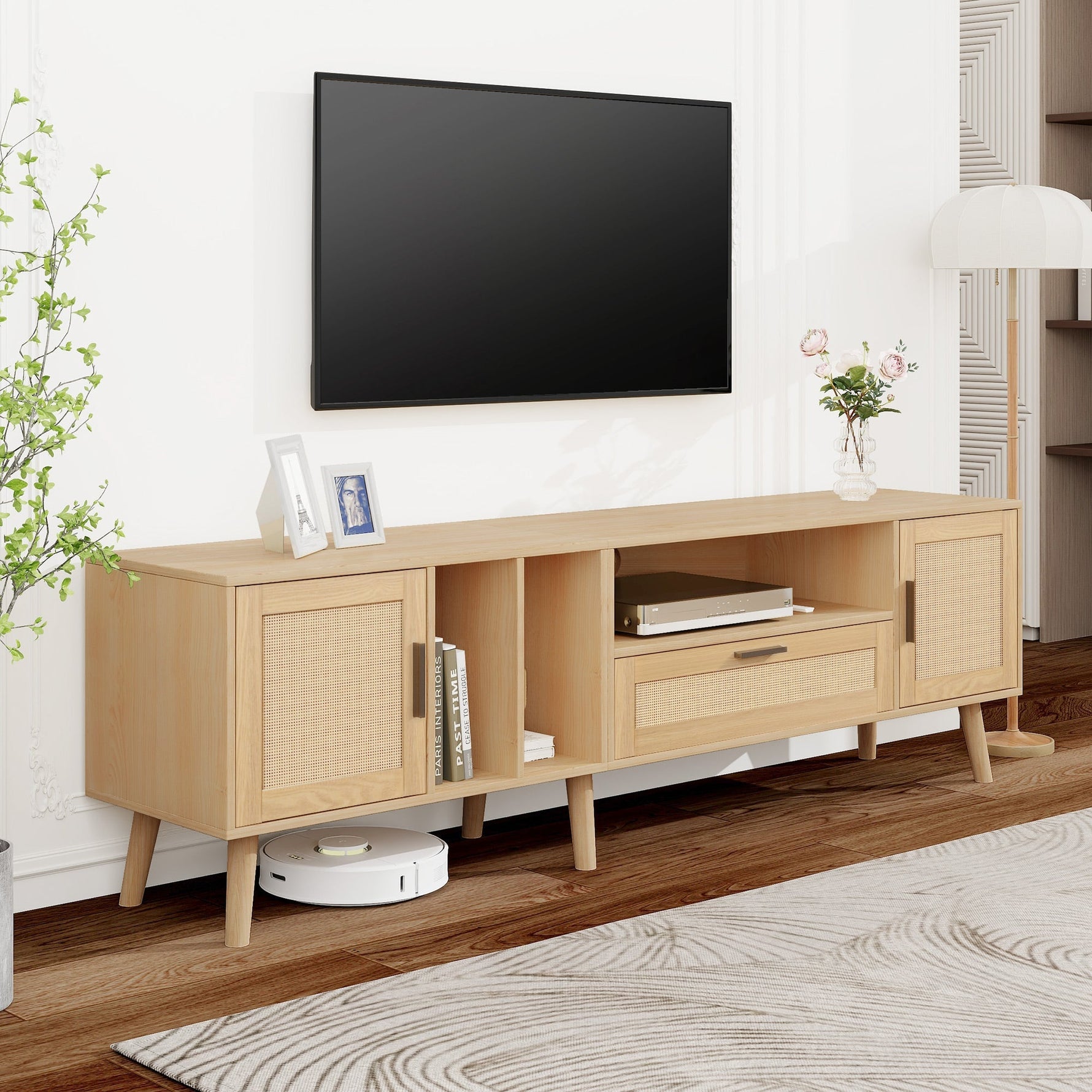 TV Cabinet, 180cm Rattan with 2 Doors & 1 Drawer, Solid Wood