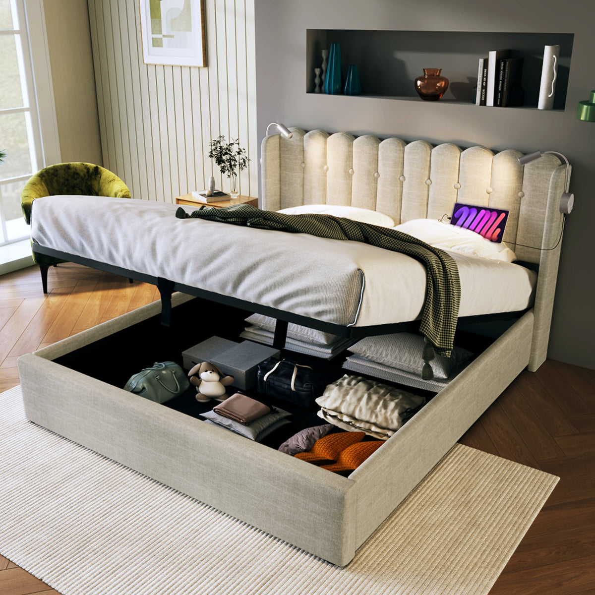 Upholstered Bed, Double with Reading Light, Charging, Headboard Storage, 160x200, Natural Linen