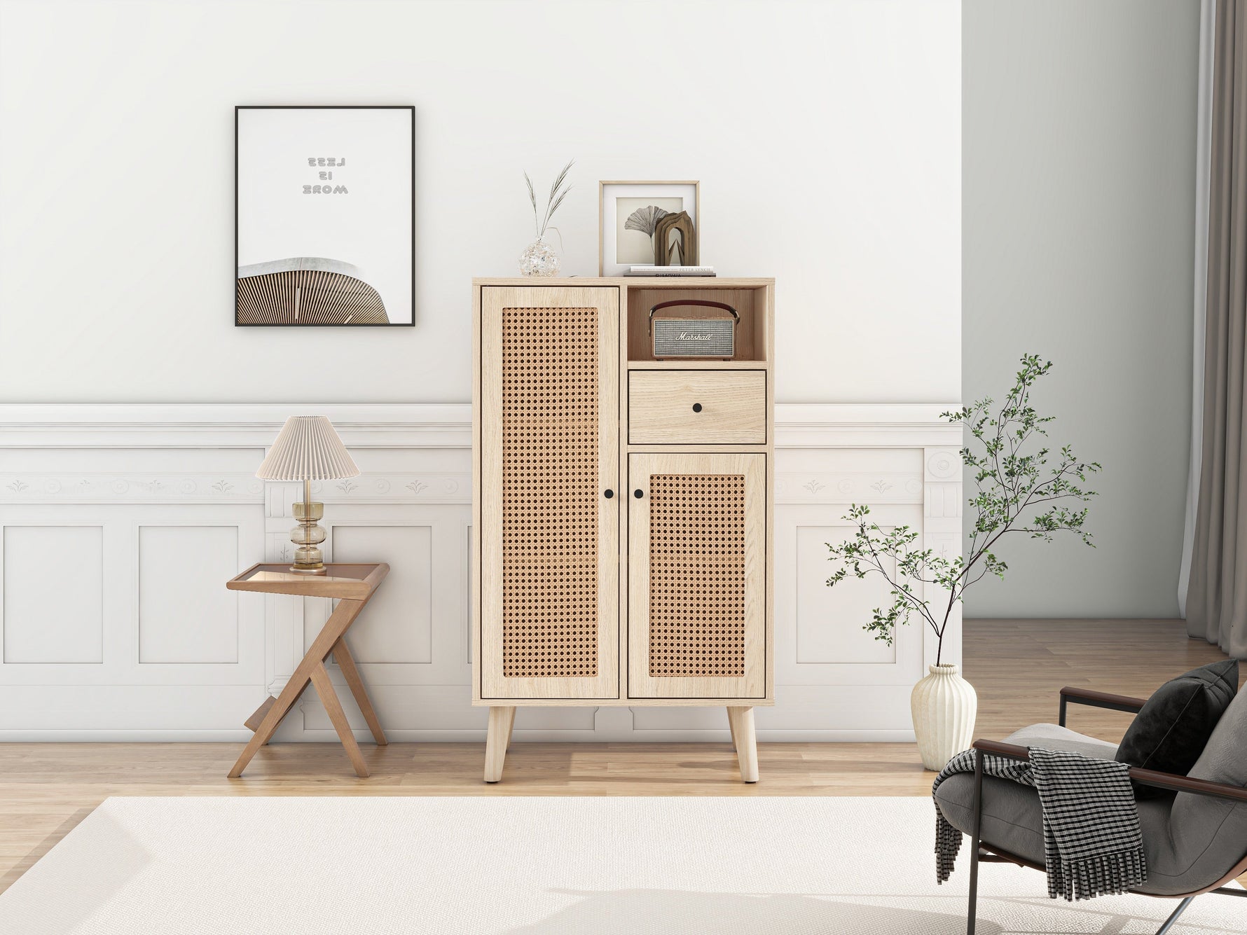 Sideboard, 2 rattan doors, 1 drawer, large storage, wood look