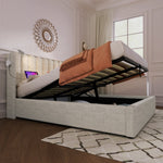 Upholstered Bed Double Bed with Reading Light, Charging, Storage, 140x200, Linen Material, Natural