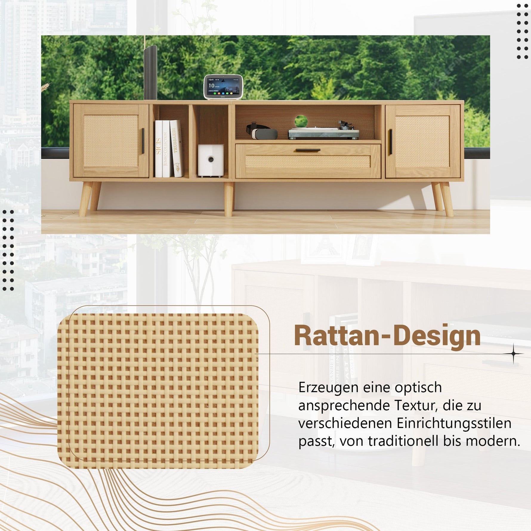 TV Cabinet, 180cm Rattan with 2 Doors & 1 Drawer, Solid Wood