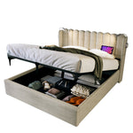 Upholstered Bed Double, Reading Light Storage Headboard, Linen Natural