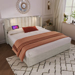 Upholstered Bed, Double with Reading Light, Charging, Headboard Storage, 160x200, Natural Linen