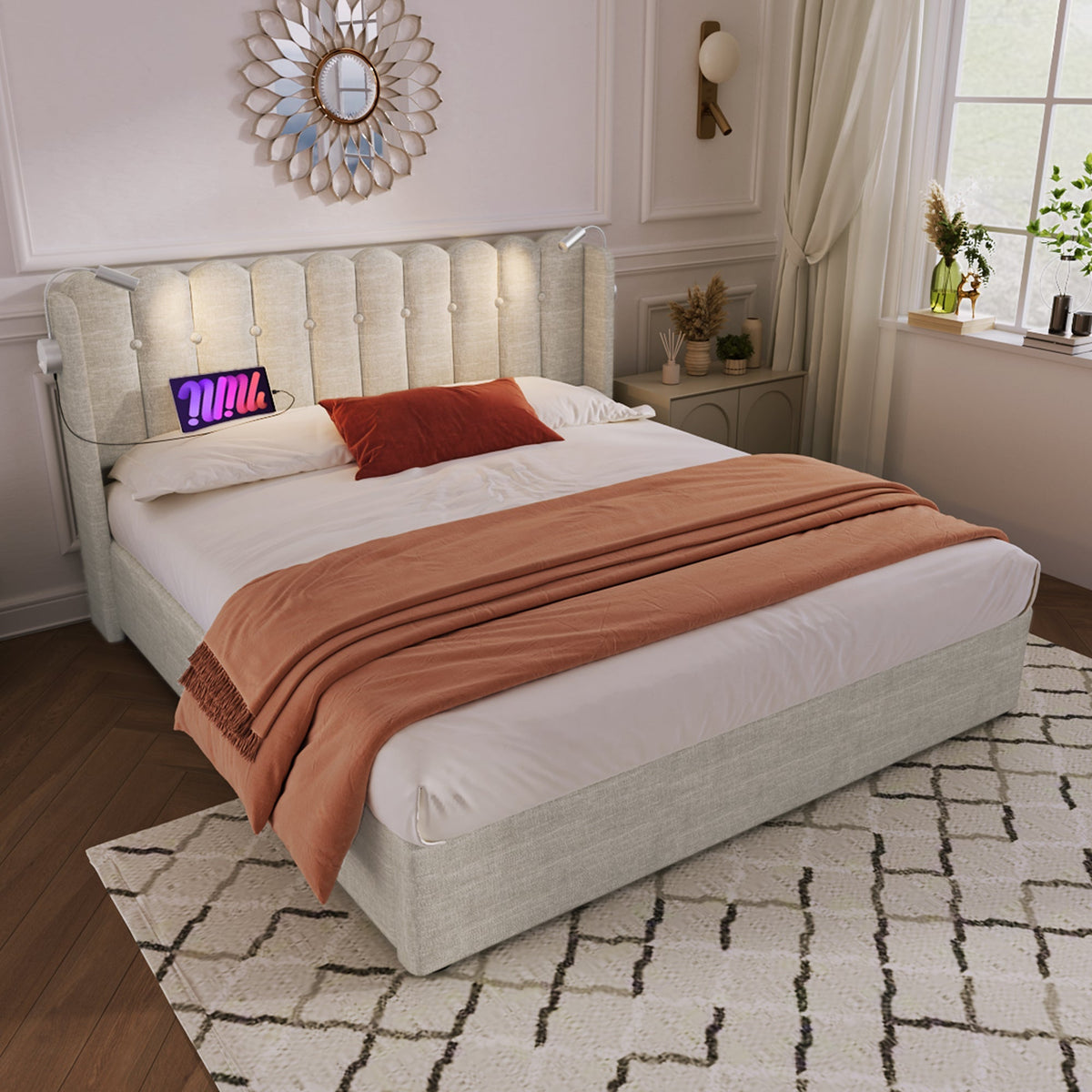 Upholstered Bed Double Bed with Reading Light, Charging, Storage, 140x200, Linen Material, Natural