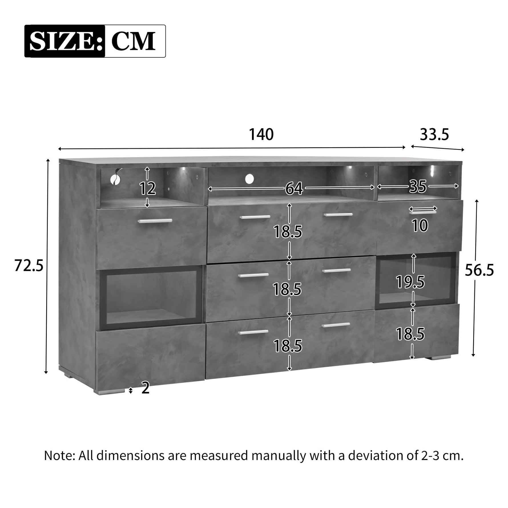 Sideboard 140cm LED 2 Doors 3 Drawers Acrylic Storage - Grey