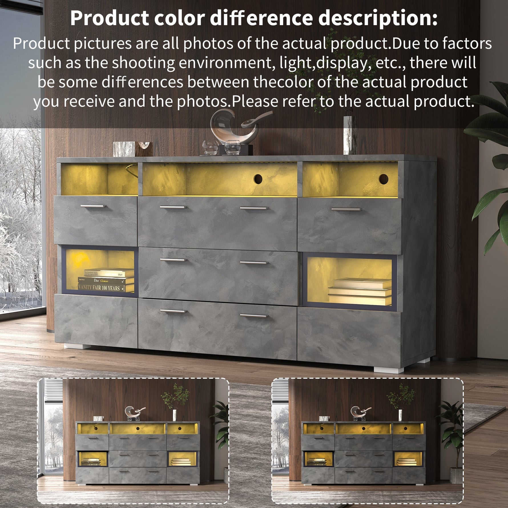 Sideboard 140cm LED 2 Doors 3 Drawers Acrylic Storage - Grey