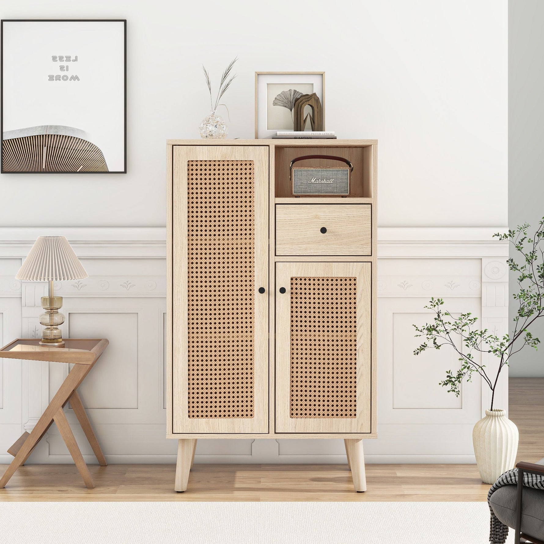 Sideboard, 2 rattan doors, 1 drawer, large storage, wood look
