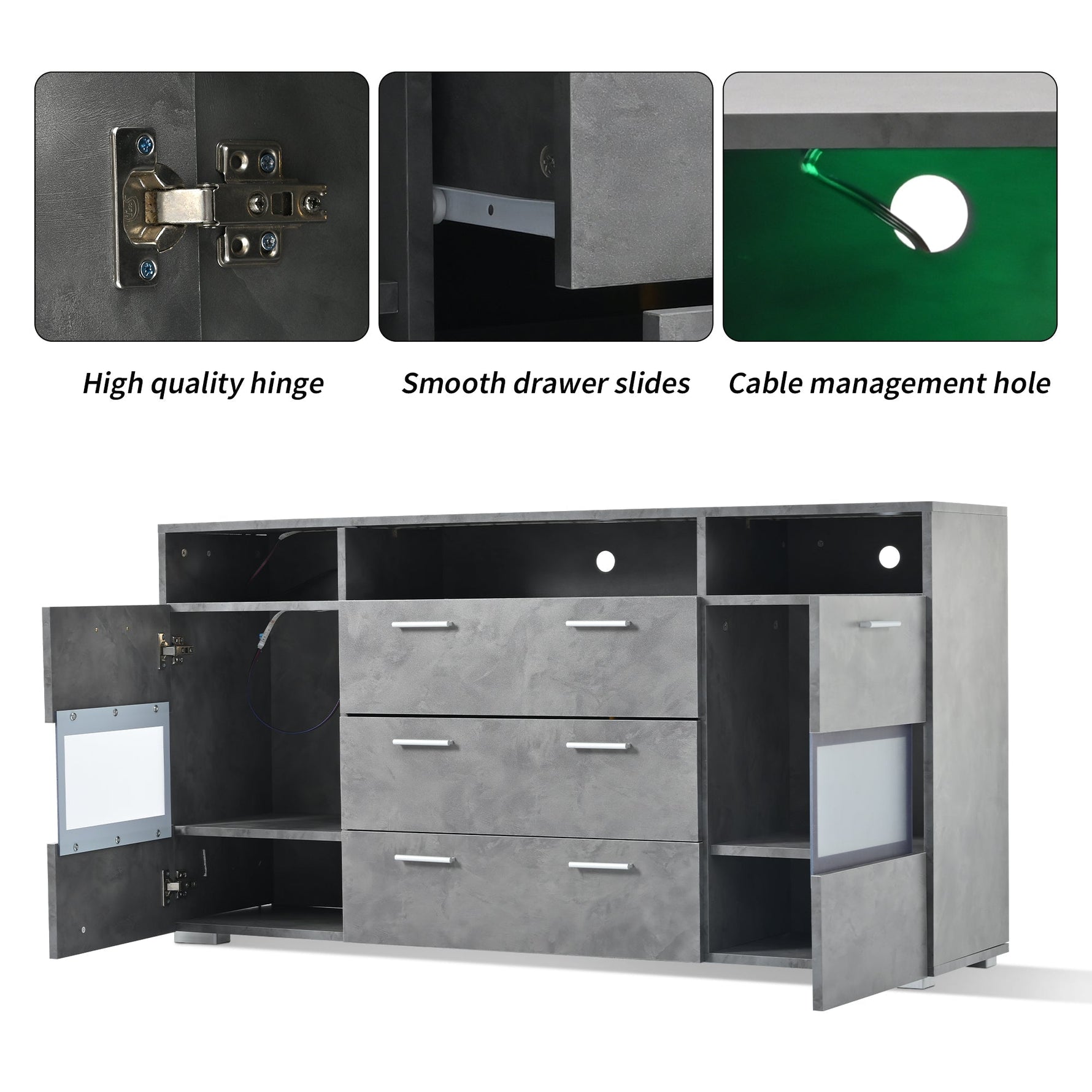 Sideboard 140cm LED 2 Doors 3 Drawers Acrylic Storage - Grey