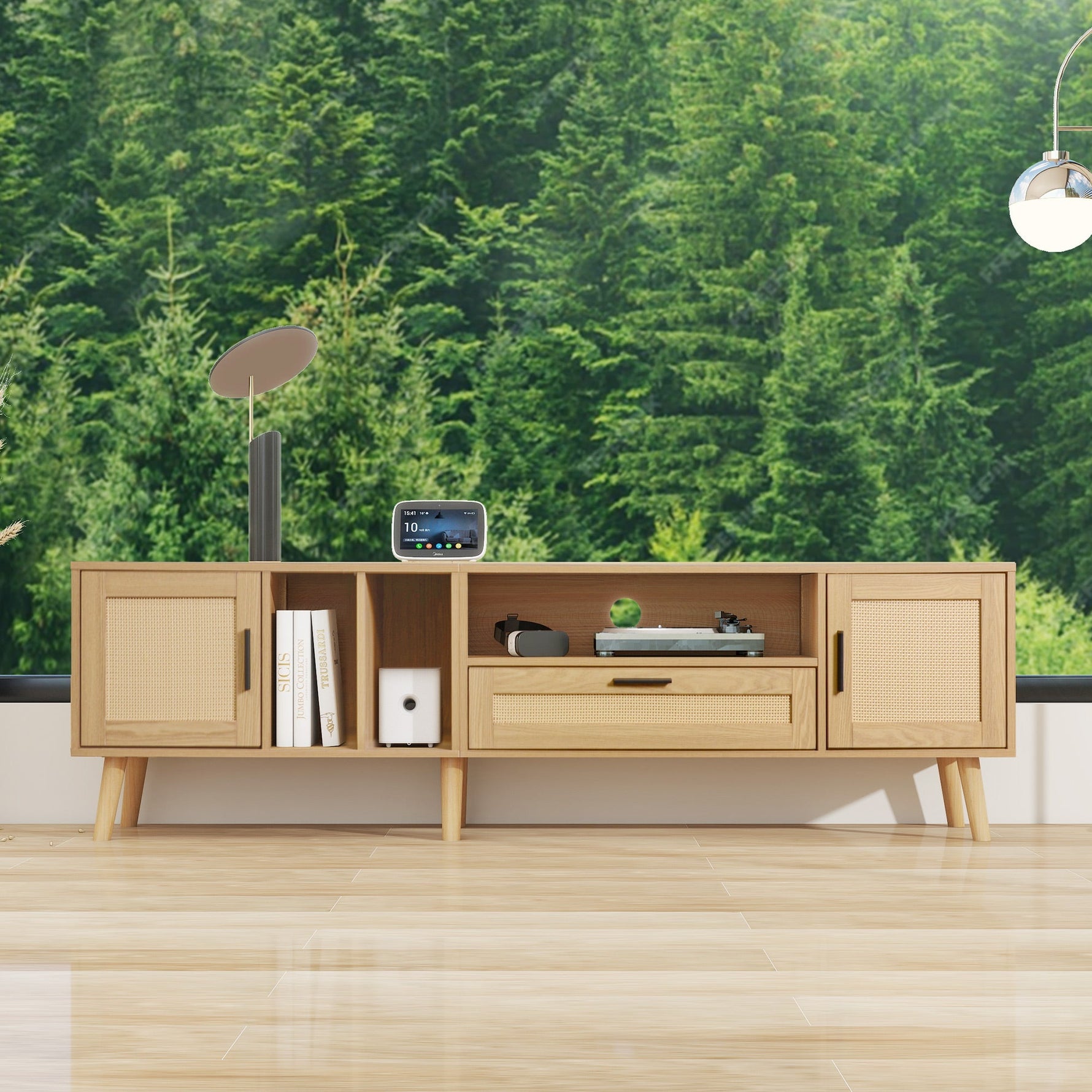 TV Cabinet, 180cm Rattan with 2 Doors & 1 Drawer, Solid Wood