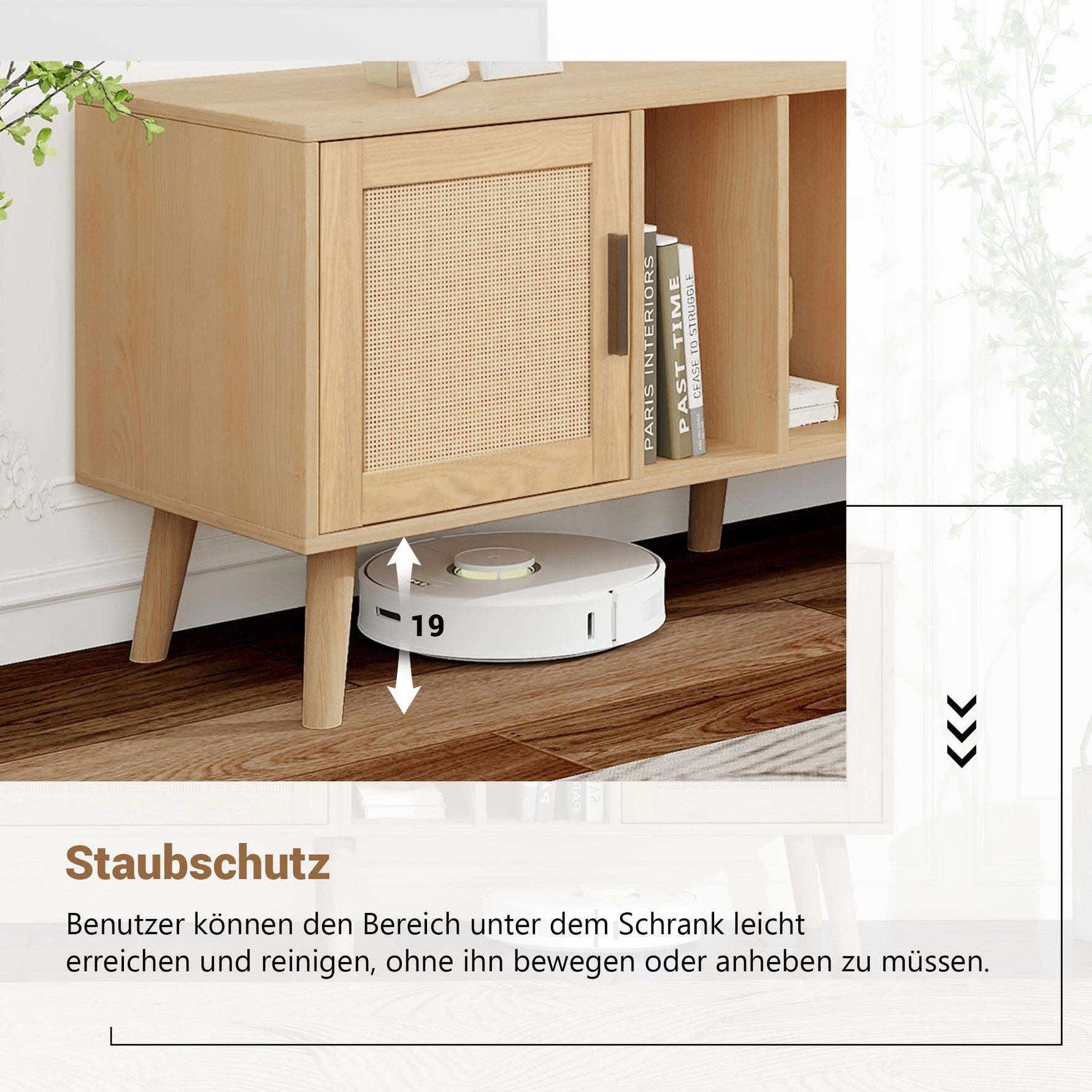 TV Cabinet, 180cm Rattan with 2 Doors & 1 Drawer, Solid Wood