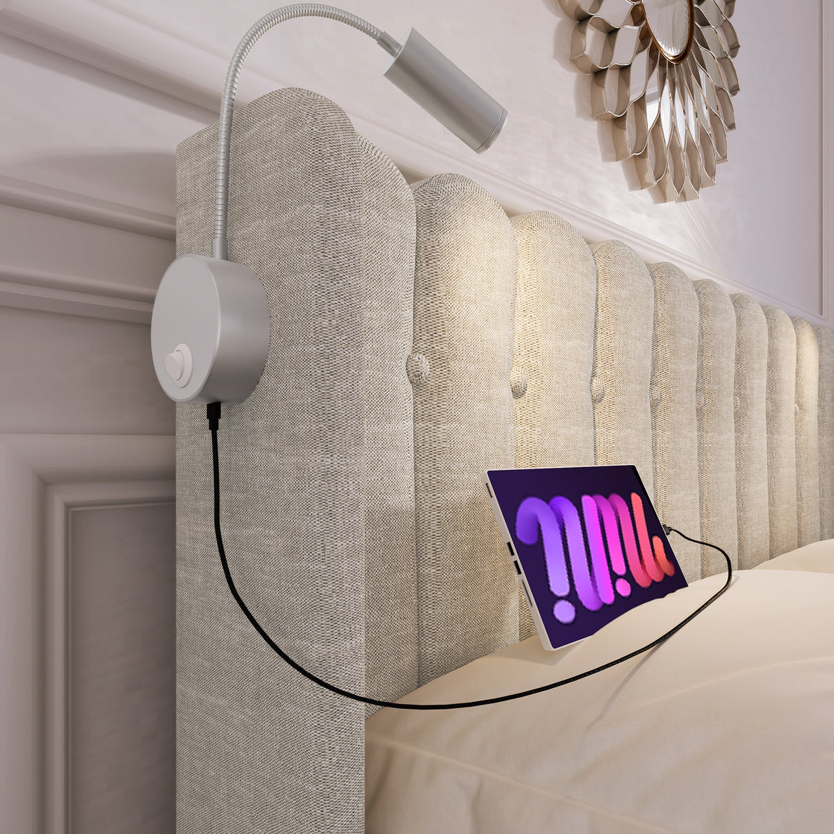 Upholstered Bed Double, Reading Light Storage Headboard, Linen Natural