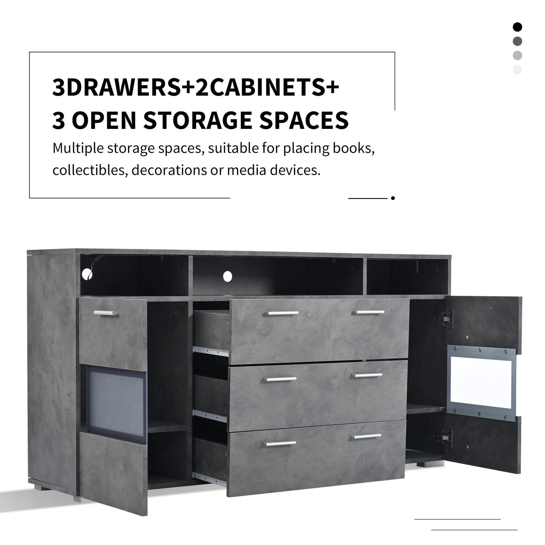 Sideboard 140cm LED 2 Doors 3 Drawers Acrylic Storage - Grey