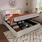 Upholstered Bed Double Bed with Reading Light, Charging, Storage, 140x200, Linen Material, Natural
