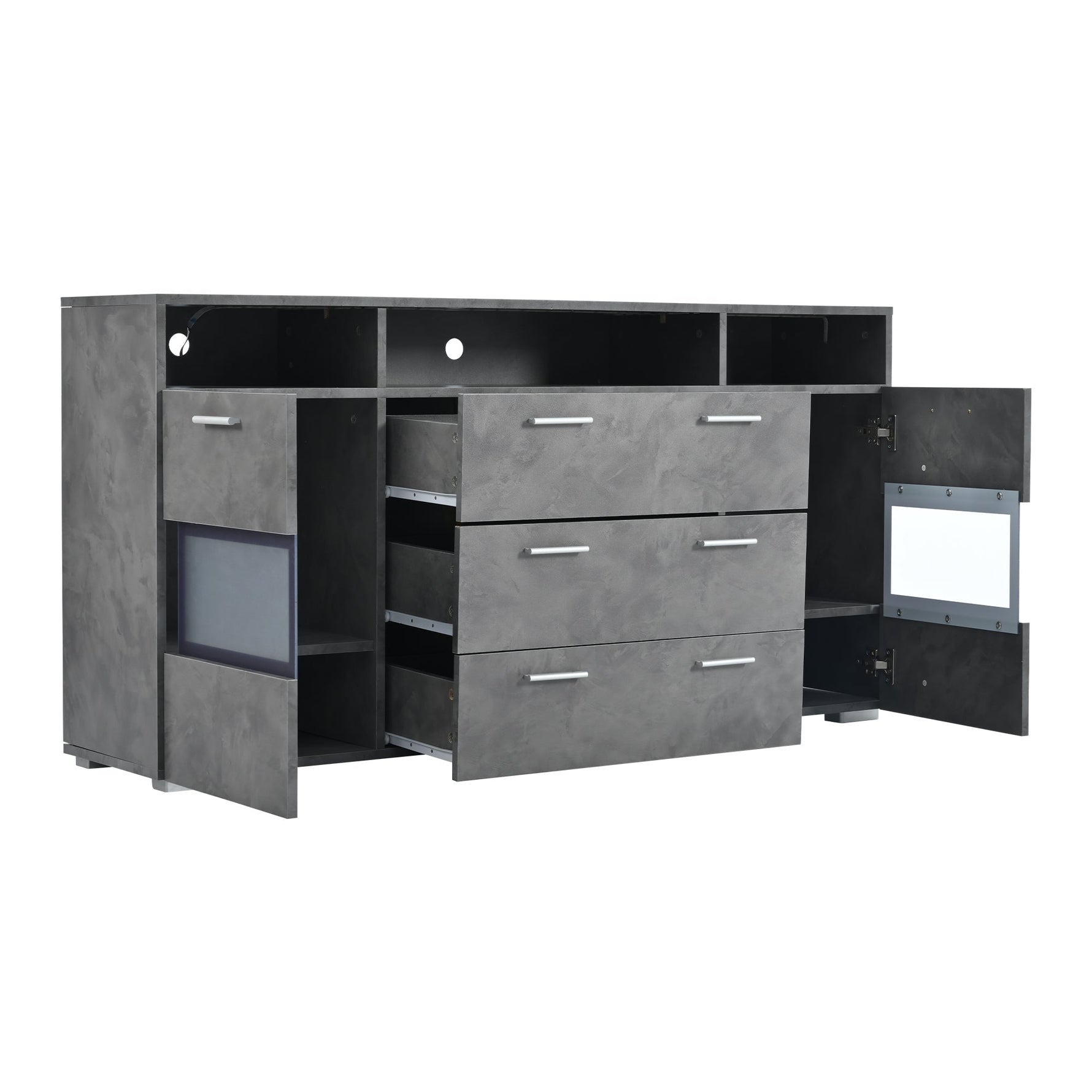 Sideboard 140cm LED 2 Doors 3 Drawers Acrylic Storage - Grey