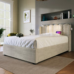 Upholstered Bed Single with Reading Light, Charging, Storage, 90x200, Natural Linen