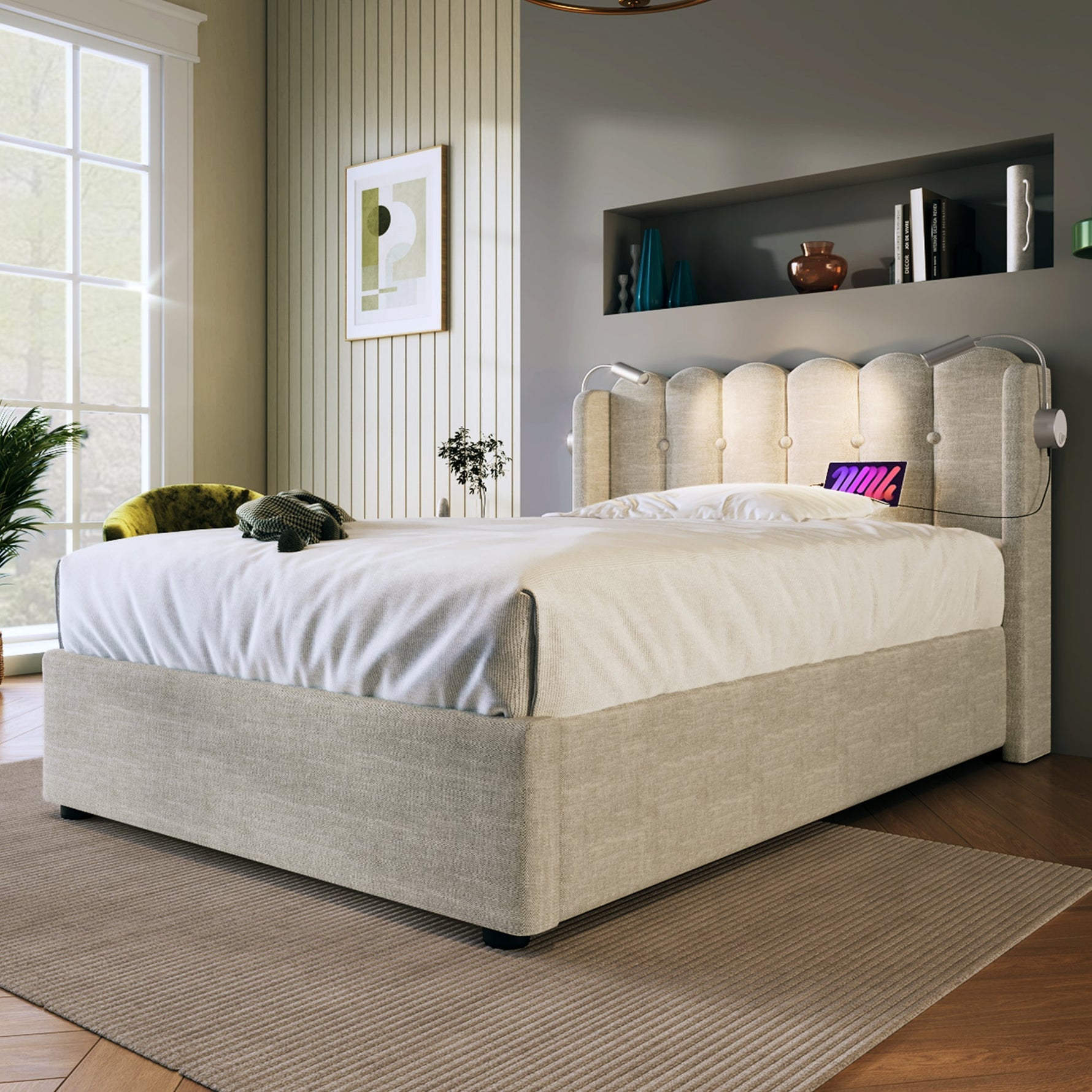 Upholstered Bed Single with Reading Light, Charging, Storage, 90x200, Natural Linen