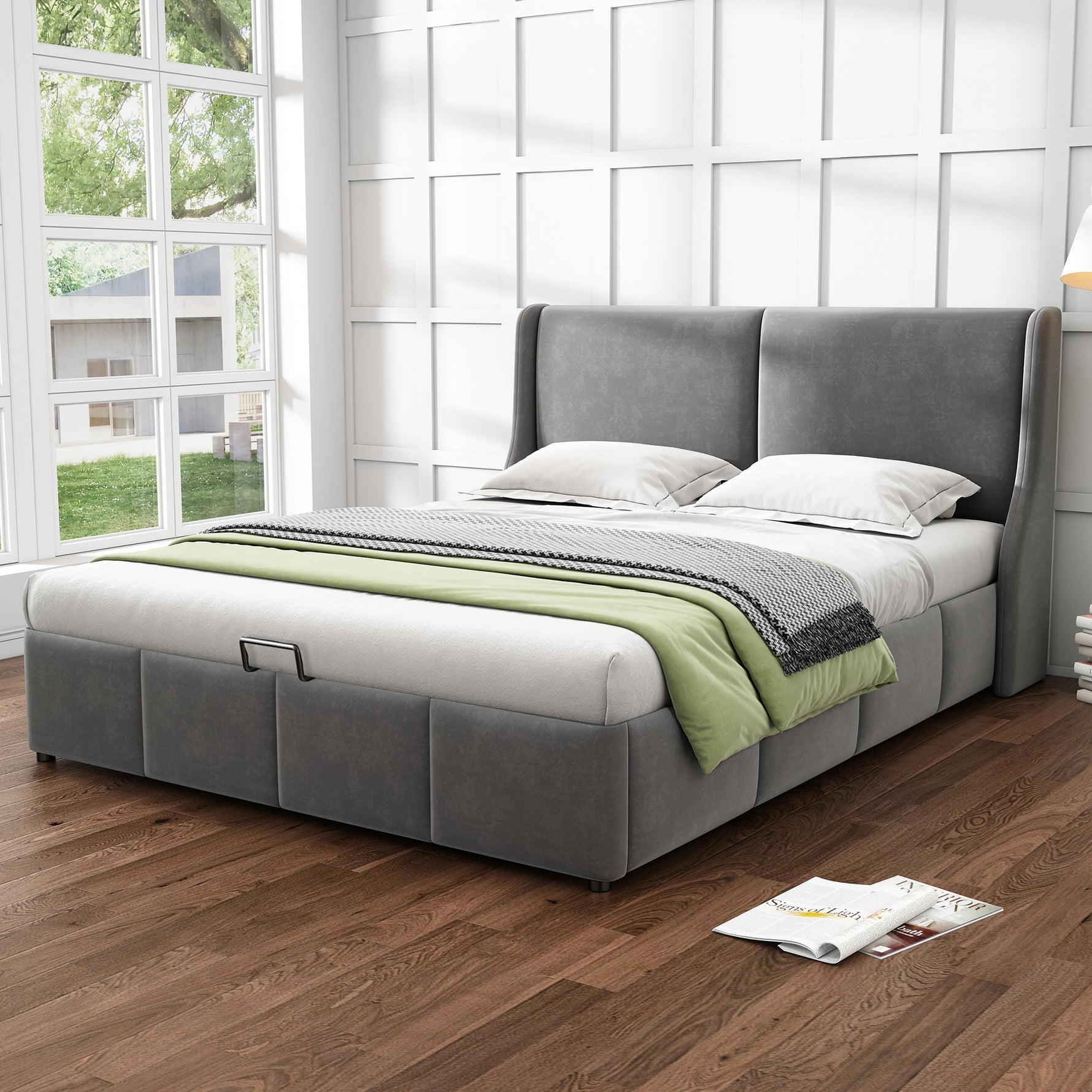 Upholstered Double Bed 140x200cm Hydraulic Storage Pillow Headboard - Grey