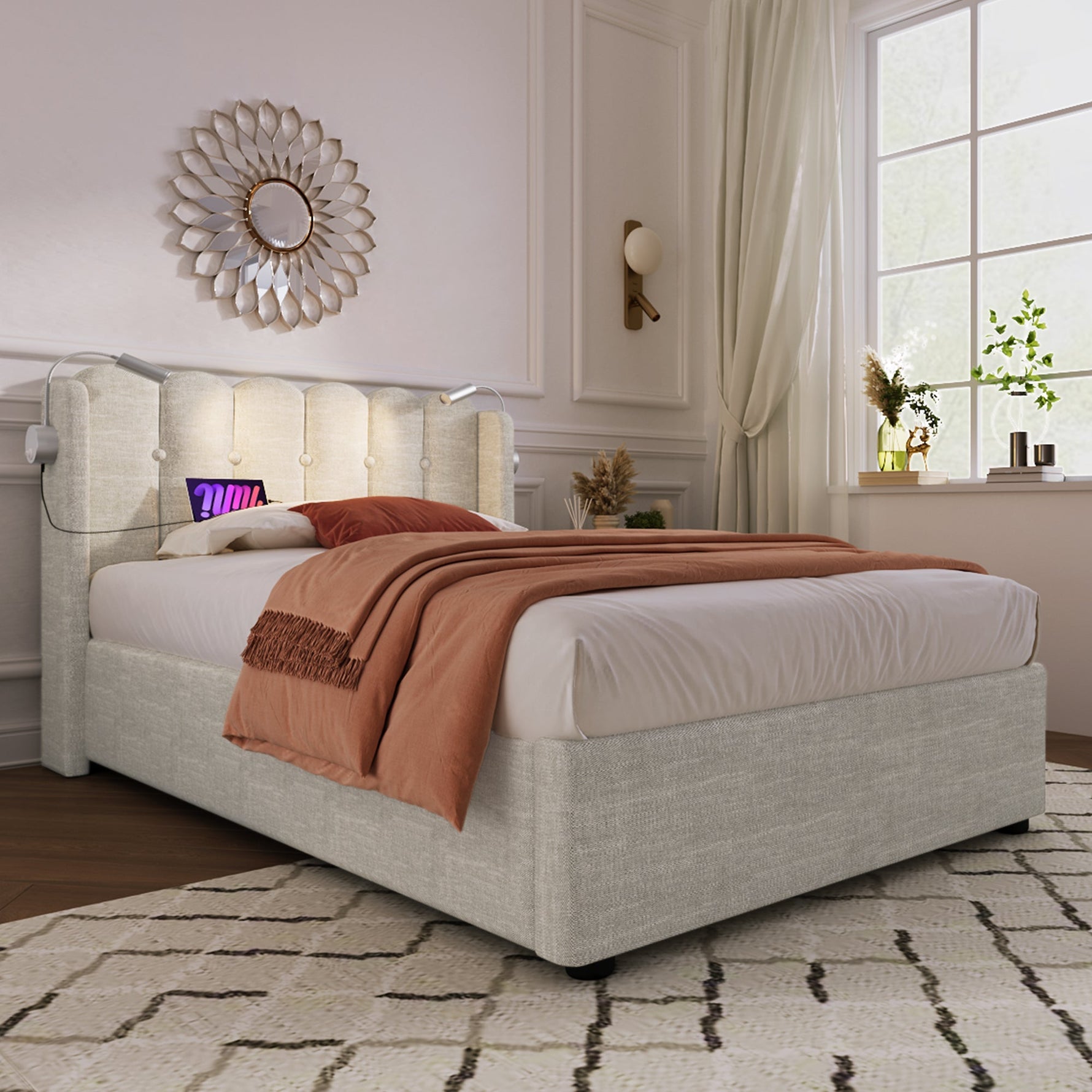 Upholstered Bed Single with Reading Light, Charging, Storage, 90x200, Natural Linen